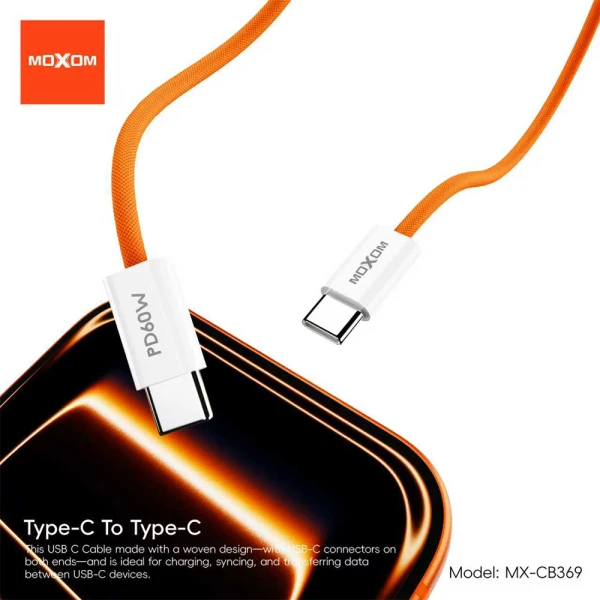 Usb data kabal moxom mx-cb369 pleteni fast 60w 3a type-c na type-c 1m beli
