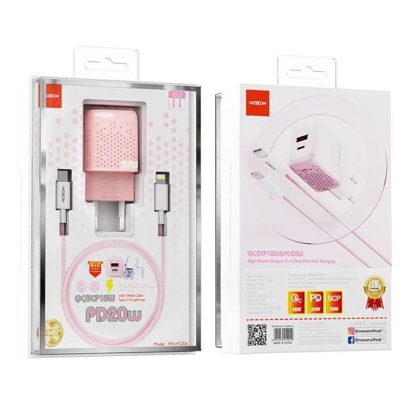 Kucni punjac moxom mx-hc206 18w fast pd 20w type c na lightning pink