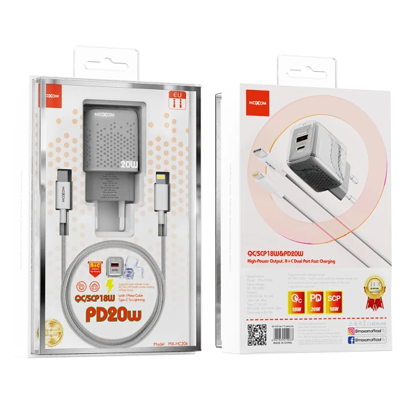 Kucni punjac moxom mx-hc206 18w fast pd 20w type c na lightning sivi