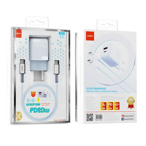 Kucni punjac moxom mx-hc206 18w fast pd 20w type c na type c plavi