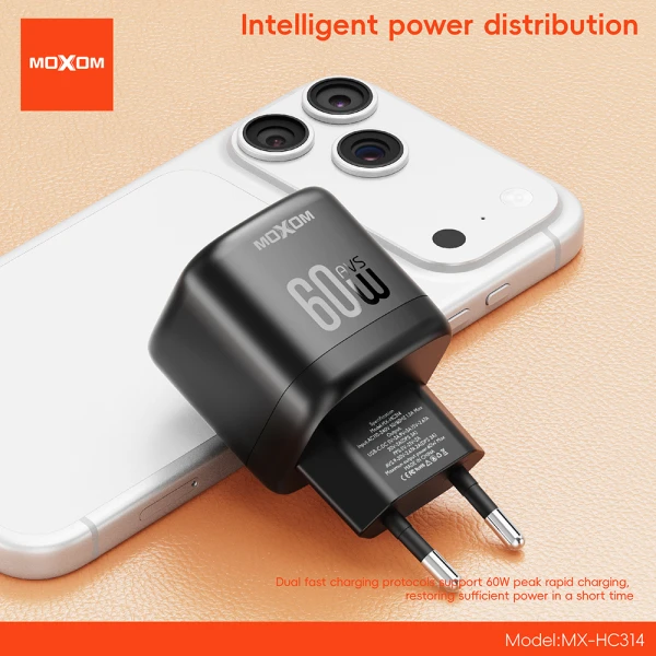 Kucni punjac moxom mx-hc314 40w pd 60w avs type-c na type-c crni