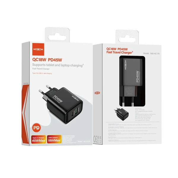 Kuciste punjaca moxom mx-hc178 gan usb+type-c qc 18w pd 45w crno