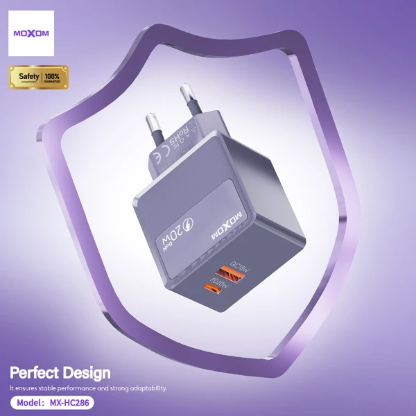 Kuciste punjaca moxom mx-hc286 type c + usb 20w sivi