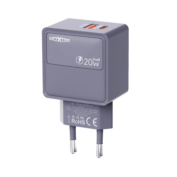 Kuciste punjaca moxom mx-hc286 type c + usb 20w sivi