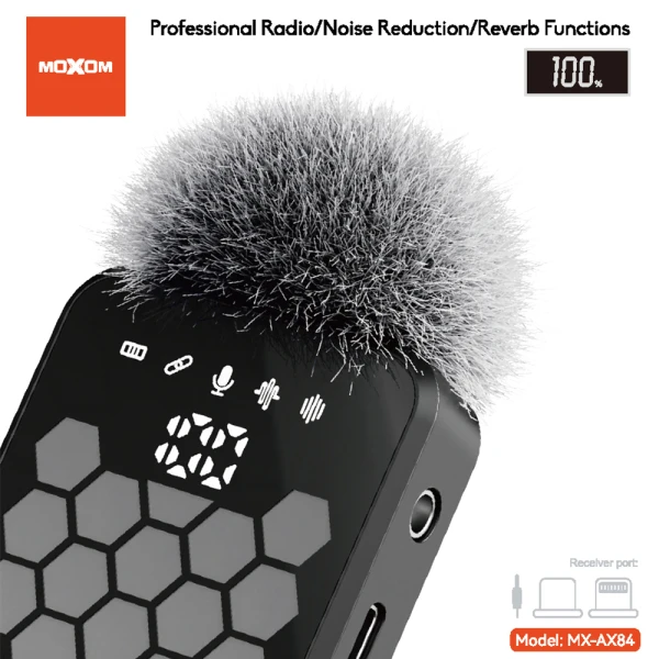 Mikrofon bluetooth moxom mx-ax84 type-c + lightning + 3.5mm jack crni