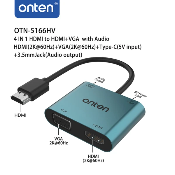 Adapter 4u1 hdmi 2k 30hz na hdmi 2k 60hz + vga 2k 60hz + usb type-c 5v + jack 3.5mm 17cm (otn-5166hv) onten