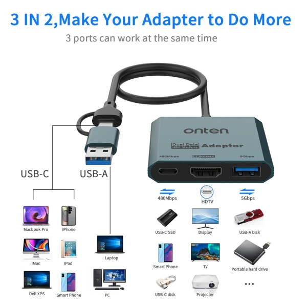 Adapter usb flash 3u2 usb-a + usb type-c na hdmi 4k 60hz + usb 3.2 + usb type-c 480mbps 30cm (otn-uca303) onten