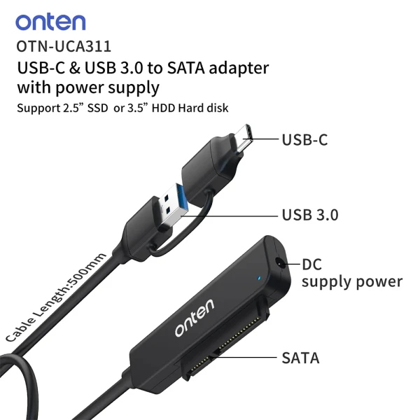 Adapter usb 3.0 + usb type-c na sata 2.5'' 5gbps 50cm (otn-uca311) onten