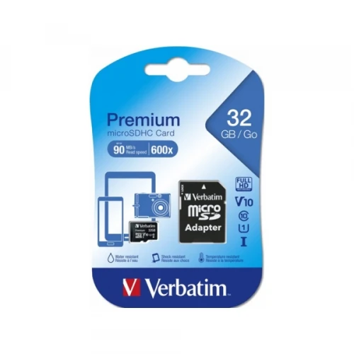 VERBATIM 32GB microSDHC, 90mbs, class 10, U1, + adapter (Premium serija)