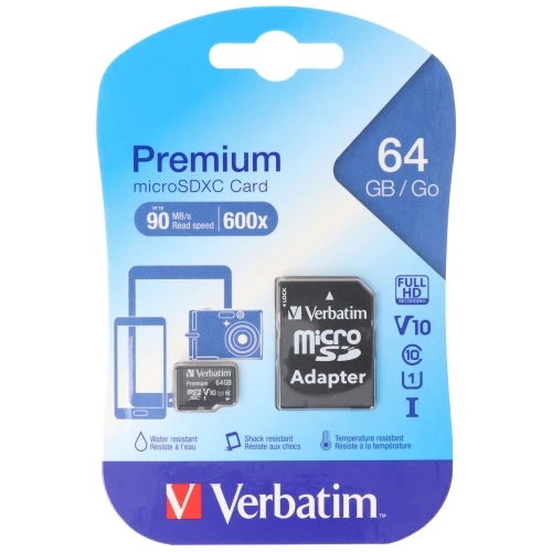 VERBATIM 64GB microSDXC, 90mbs, class 10, U1, + adapter (Premium serija)