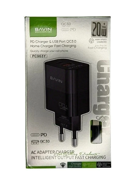 Bavin punjač 20W PD  Usb A/Type C + kabl C-C  PC963Y-CC crna