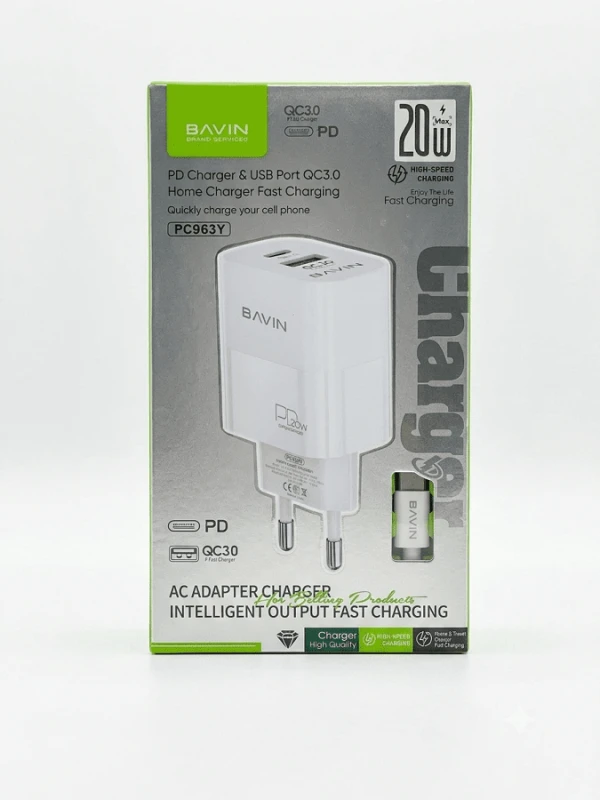 Bavin punjač 20W PD  Usb A/Type C + kabl C-C  PC963Y-CC bela