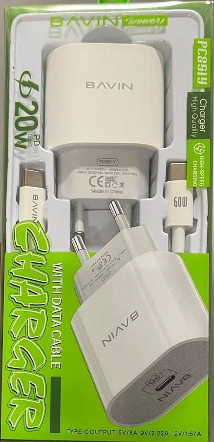 Bavin punjač 20W USB-C + kabl type-C 60W bela - PC851Y