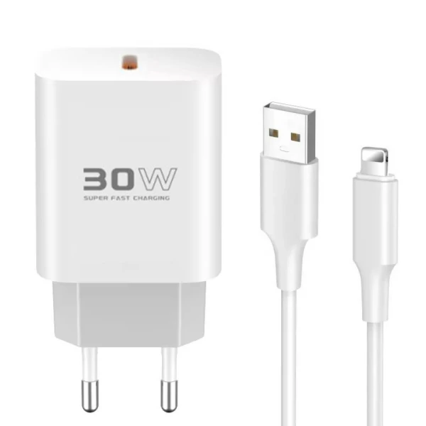 Kucni punjac KONFULON C87c + DL50, 30W, sa PD kablom Type C na iPhone lightning beli