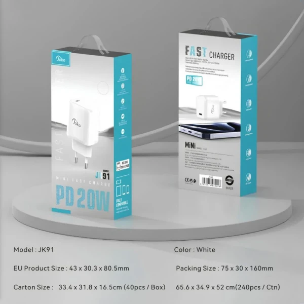 Kucni punjac KONFULON JK91+DC66 PD20W sa PD kablom Type C na iPhone lightning beli