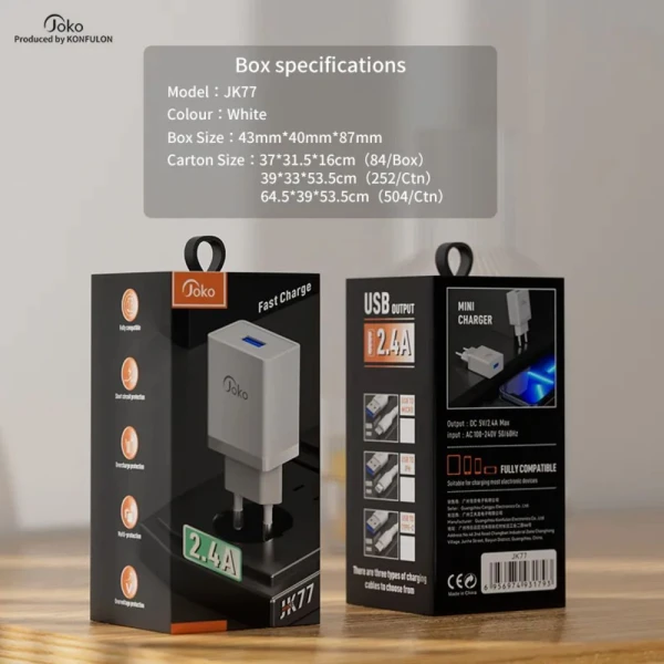 Kucni punjac KONFULON JK77 2.4A sa micro USB kablom beli 1m