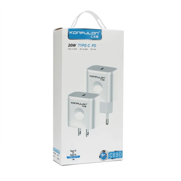 Kucni punjac KONFULON C69D+DC15 PD20W sa PD kablom Type C na Type C beli