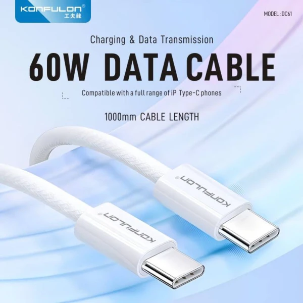 Data kabl KONFULON DC61 PD 60W Super Fast Charge za iPhone 15 Type C na Type C beli 1m