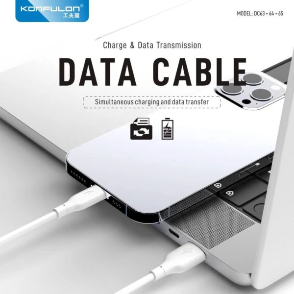 Data kabl KONFULON DC64, 3A, USB iPhone Lightning beli 1m
