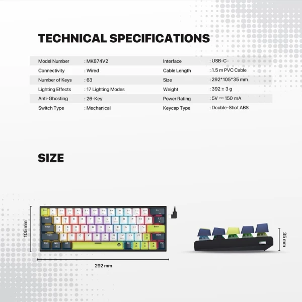 Tastatura Mehanicka Gaming Fantech MK874V2 RGB Atom 63 Mori White (rosie switch)