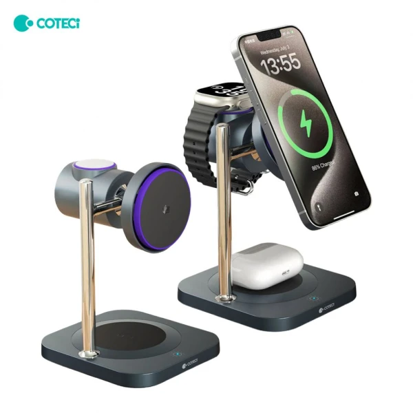 Wireless punjac Coteci BS-025 3u1 za mobilni telefon/slusalice/pametni sat crni