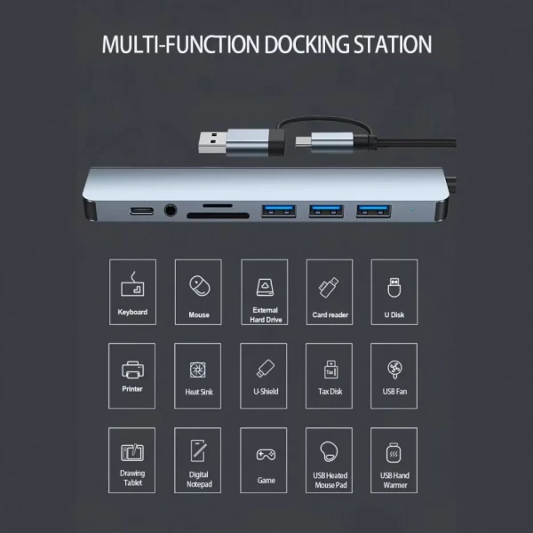 Adapter Type C - USB 3.0 JWD na 3x USB 2.0, PD, 3.5mm, SD, TF, USB 3.0 8 u 1 sivi