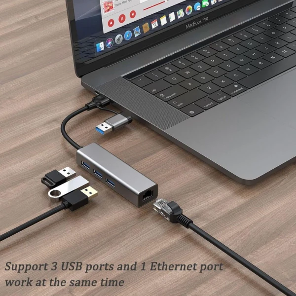 Adapter Type C - USB 3.0 JWD na LAN, 3x USB 3.0 4 u 1 sivi