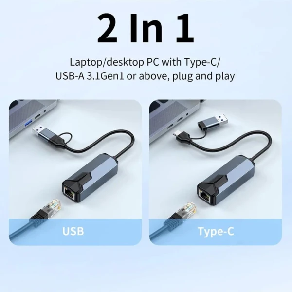 Adapter Type C - USB 3.0 JWD na 5Gbps  Gigabitni LAN sivo crni