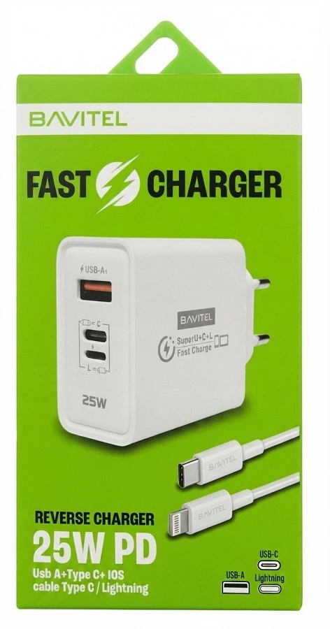 Bavitel punjač 25W Usb A+ Type C + Lightning port + kabl Type C/Lightning bela