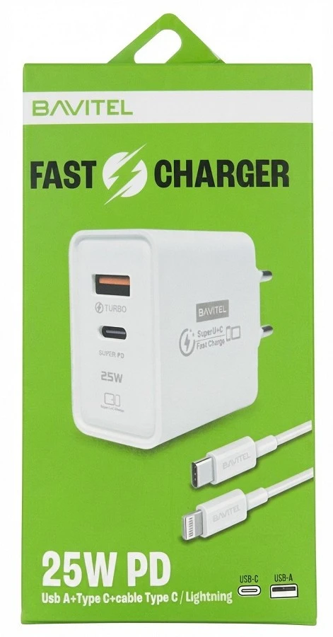 Bavitel punjač 25W Usb A+ Type C + kabl Type C/ Lightning bela