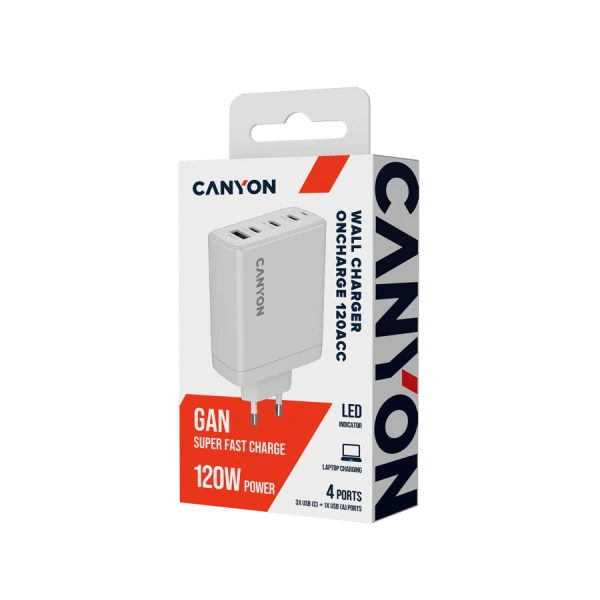 CANYON charger OnCharge 120 GAN Total 120W MAX 3 USB-C +1 USB-A White EU plug ( CNS-CUW120ACC ) 