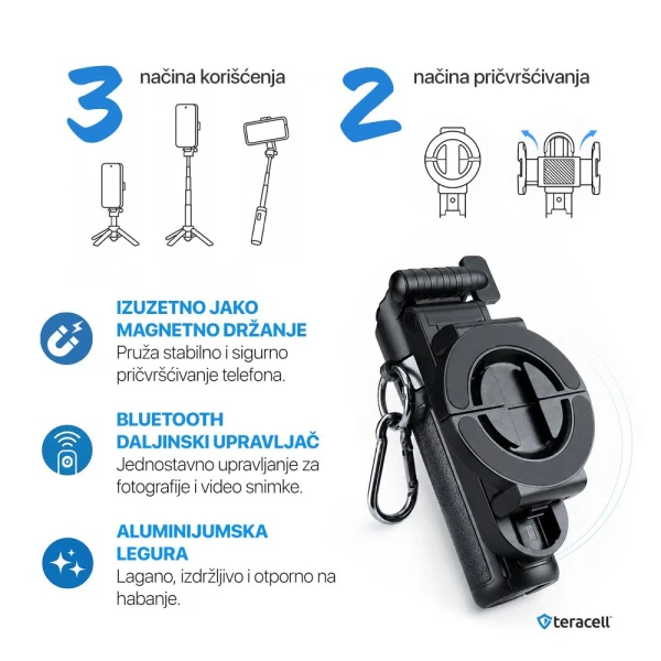 Selfie stick Teracell C01 + kvadripod Mini crni