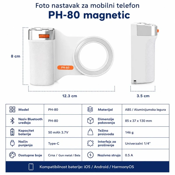 Foto nastavak za mobilni telefon PH-80 magnetic beli