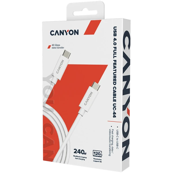 CANYON UC-44, cable, U4-CC-5A1M-E, USB4 TYPE-C to TYPE-C cable assembly 40G 1m 5A 240W(ERP) with E-MARK, CE, ROHS, white ( CNS-USBC44W ) 