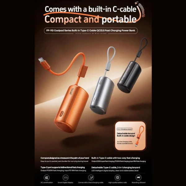 Power bank prenosiva baterija REMAX Coolpad Series FP-110 sa integrisanim Type C kablom 10000mAh narandzasta