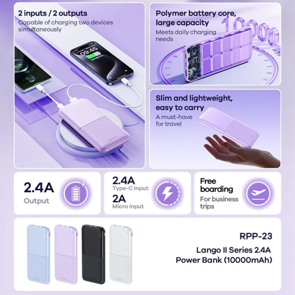 Power bank prenosiva baterija REMAX Lango II Series RPP-23 2.4A 10000mAh ljubicasti