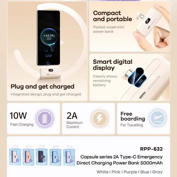 Power bank prenosiva baterija REMAX Capsule series RPP-632 2A Type C 5000mAh roze
