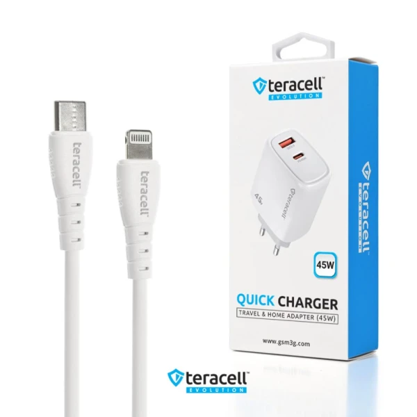 Kucni punjac Teracell Evolution TC-19, GAN, QC, PD Fast charging 45W sa PD iPhone lightning kablom beli CE