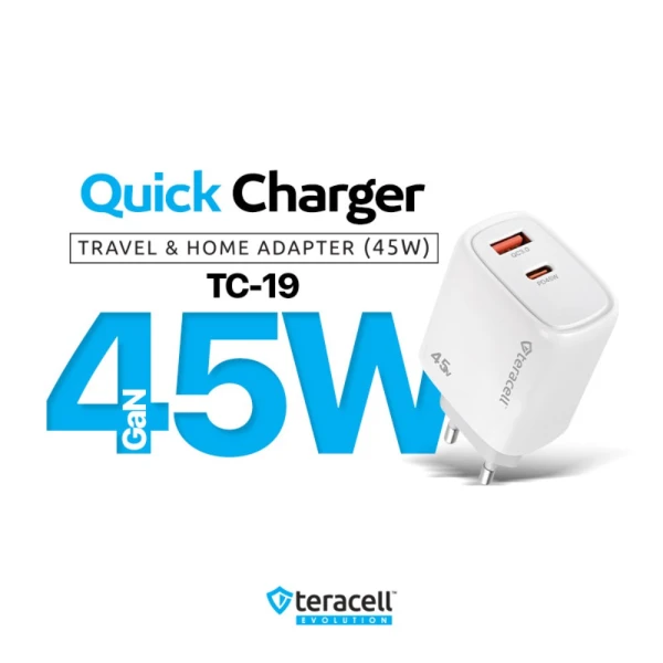 Kucni punjac Teracell Evolution TC-19, GAN, QC, PD Fast charging 45W sa PD type C kablom beli CE