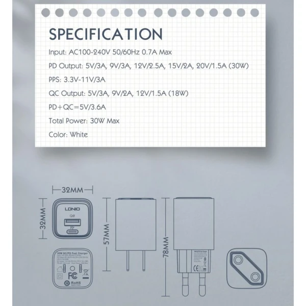 Kucni punjac LDNIO A2317C, 3.6A, QC3.0 18W, PD 30W sa Type C na Type C kablom beli