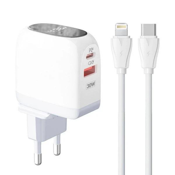 Kucni punjac LDNIO A2522C QC3.0, PD, PPS, LED Display, 30W sa Type C na iPhone lightning kablom beli