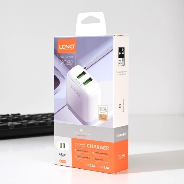 Kucni punjac LDNIO A2221 2xUSB, 12W sa Type C kablom beli