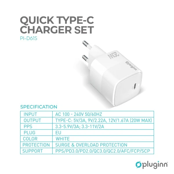 Kucni punjac Pluginn PI-D61S, PD3.0, PPS, 20W sa PD iPhone lightning kablom beli CE