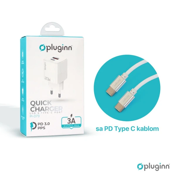 Kucni punjac Pluginn PI-D73, QC3.0 PD3.0, PPS, USB-PD 18W+20W, 38W (total) sa PD Type C kablom beli CE