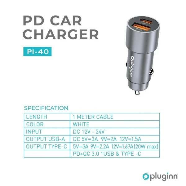 Auto punjac Pluginn PI-40, PD 20W, QC 3.0 18W, sa lightning kablom sivi