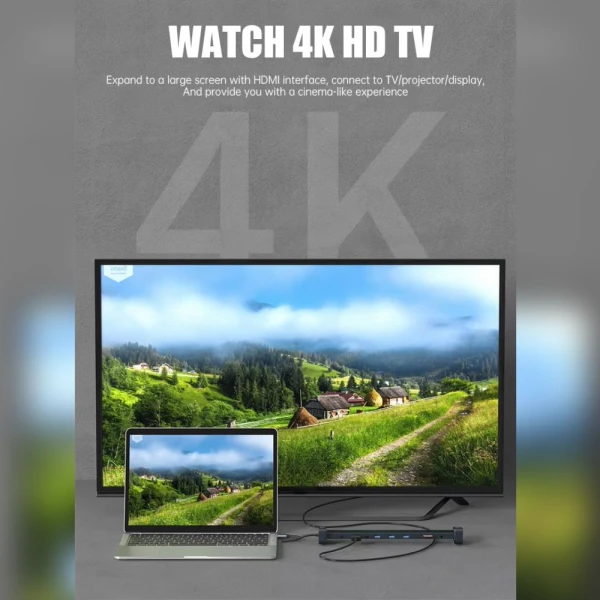 Adapter Type C JWD-TC45 na LAN, PD, HDMI, Type C, 3x USB 3.0, SD, TF,  3.5mm 10 u 1 sivi