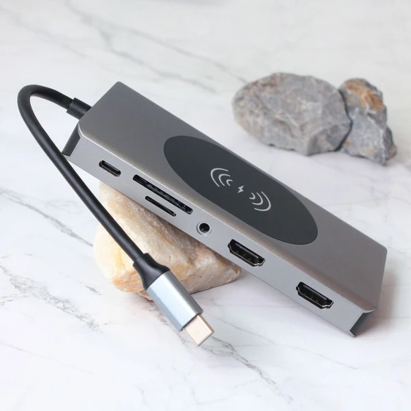 Adapter Type C na LAN Gb, Wireless PC, SD card, TF, Type C, 3xUSB 3.0, 2xUSB 2.0, Audio, 2xHDMI i VGA 14 u 1 20cm kabl