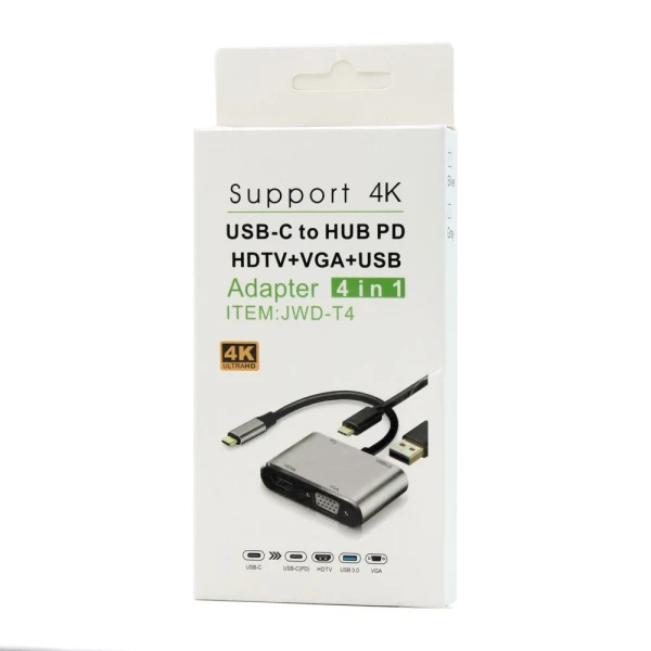Adapter Type C na HDMI VGA PD USB3.0 4 u 1 sivi
