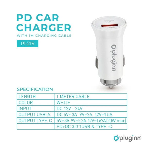 Auto punjac Pluginn PI-21S, PD 20W, QC 3.0 18W, sa PD lightning kablom beli