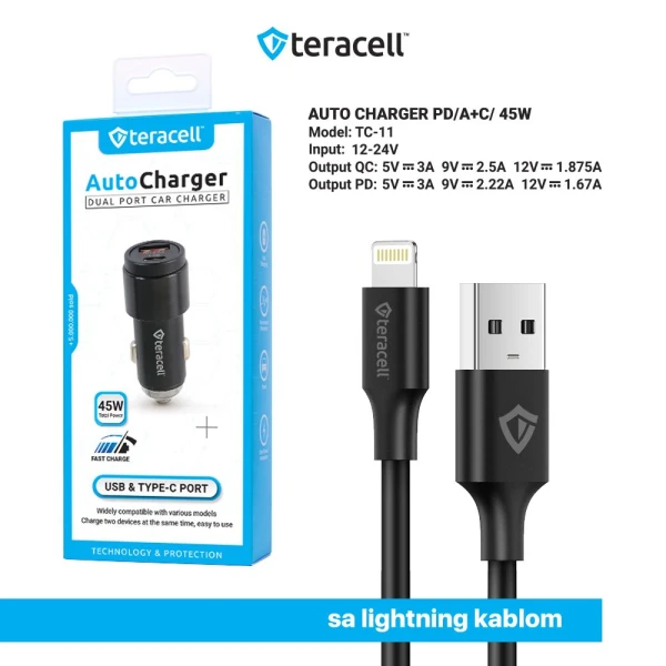 Auto punjac Teracell Evolution TC-11 PD 22.5W + USB QC3.0 20W, 45W (total) sa Lightning kablom crni